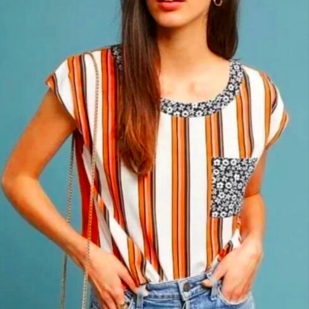 Anthropologie Porridge Orange Stripe Cap Sleeve Blouse L
